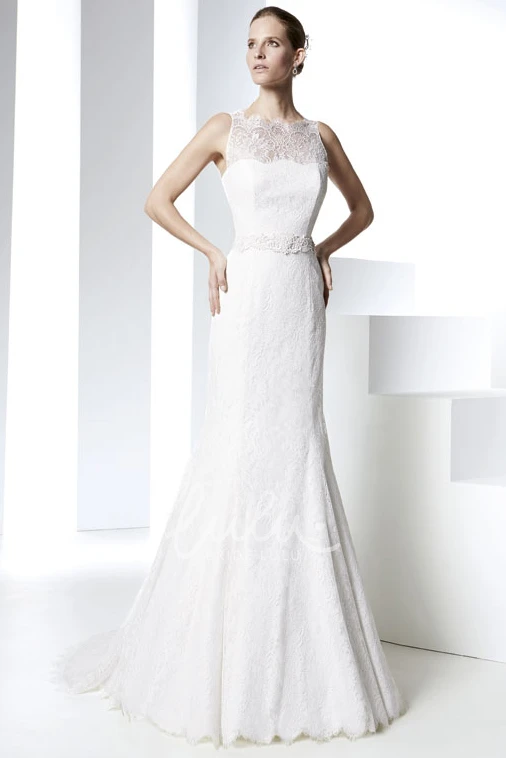 Sleeveless Jeweled Bateau Lace Wedding Dress with Illusion Back Modern Bridal Gown