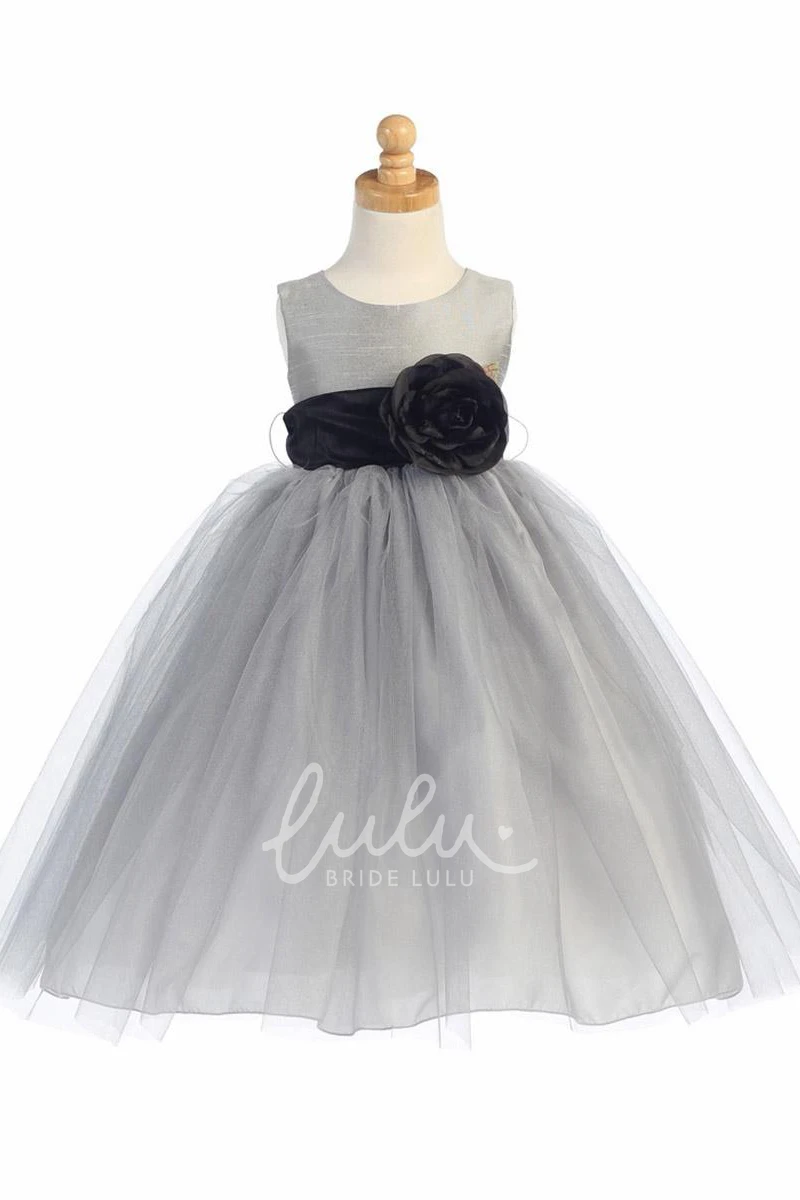 Tiered Tulle Tea-Length Flower Girl Dress with Ribbon