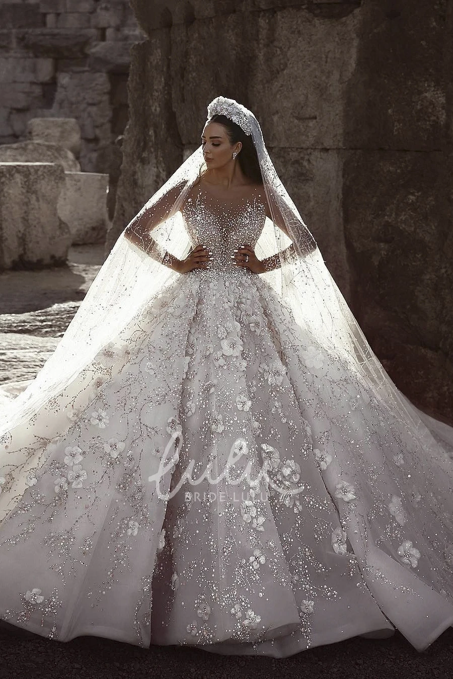 Luxury Bridal Ball Gown Wedding Dress with Appliqued Illusion Long Sleeves and 3D Floral Beading Elegant Wedding Dress