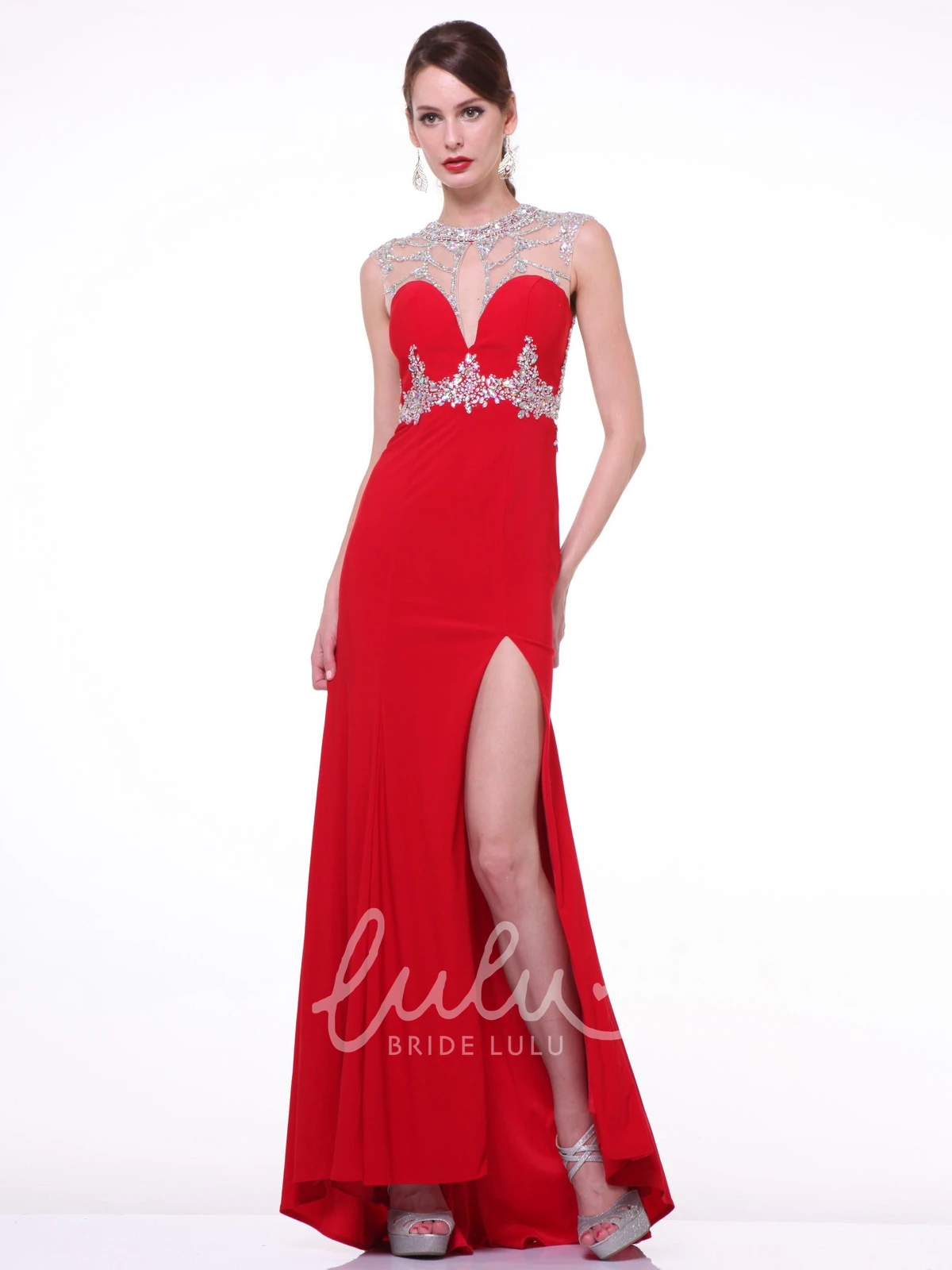 Jewel-Neck Jersey Illusion Prom Dress With Beading And Split Front Sheath