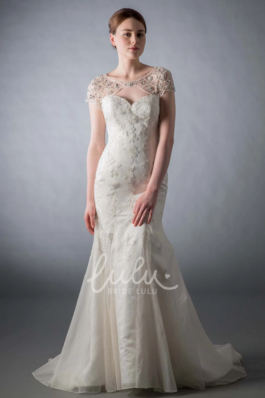 Beaded Lace Mermaid Wedding Dress with Cap Sleeves and Keyhole Elegant Bridal Gown