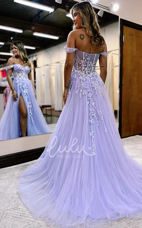 Lace Tulle Off-shoulder Prom Dress with Open Back Beach Style