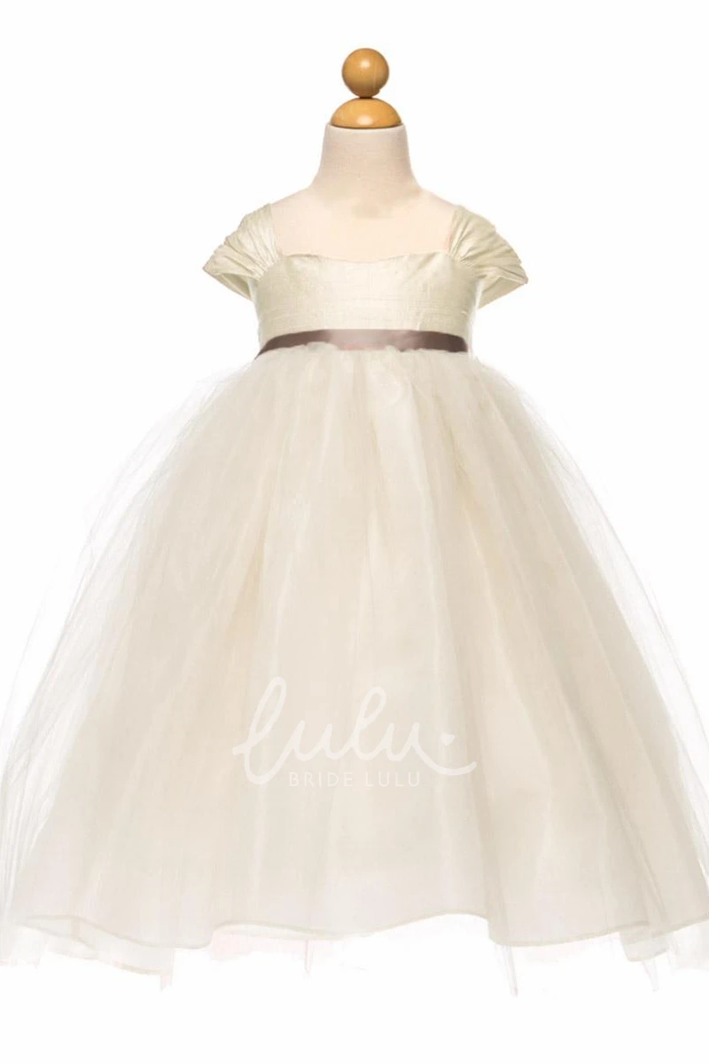 Cap-Sleeve Tulle & Satin Ruched Tea-Length Flower Girl Dress Modern Wedding Dress