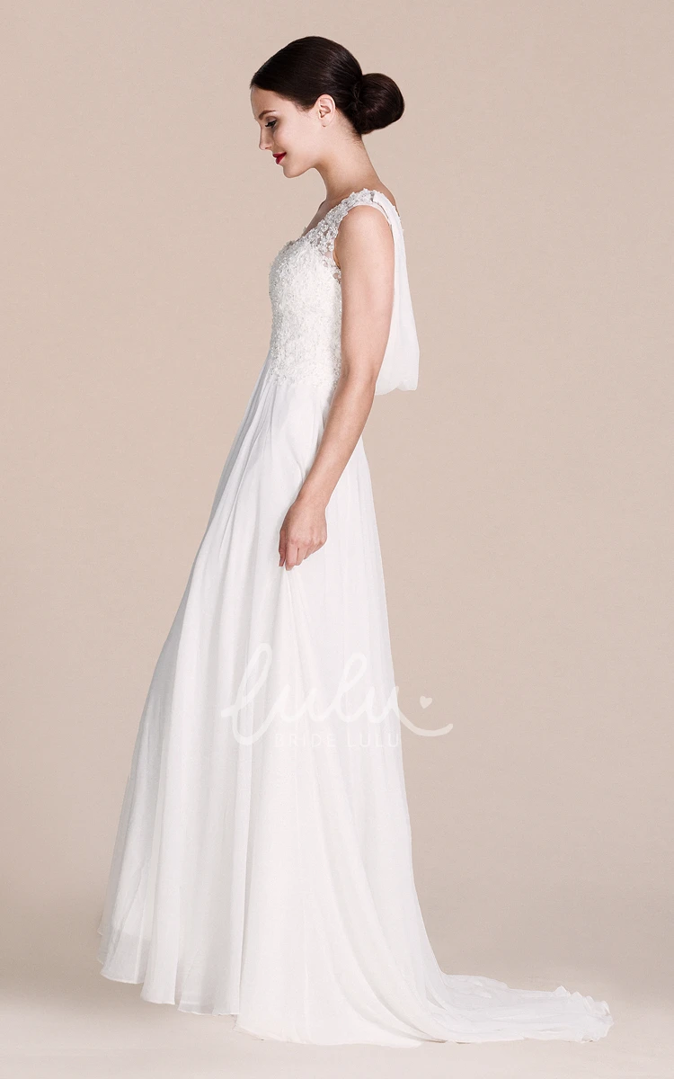 Lace Bodice Chiffon Wedding Dress Sleeveless & V-neck
