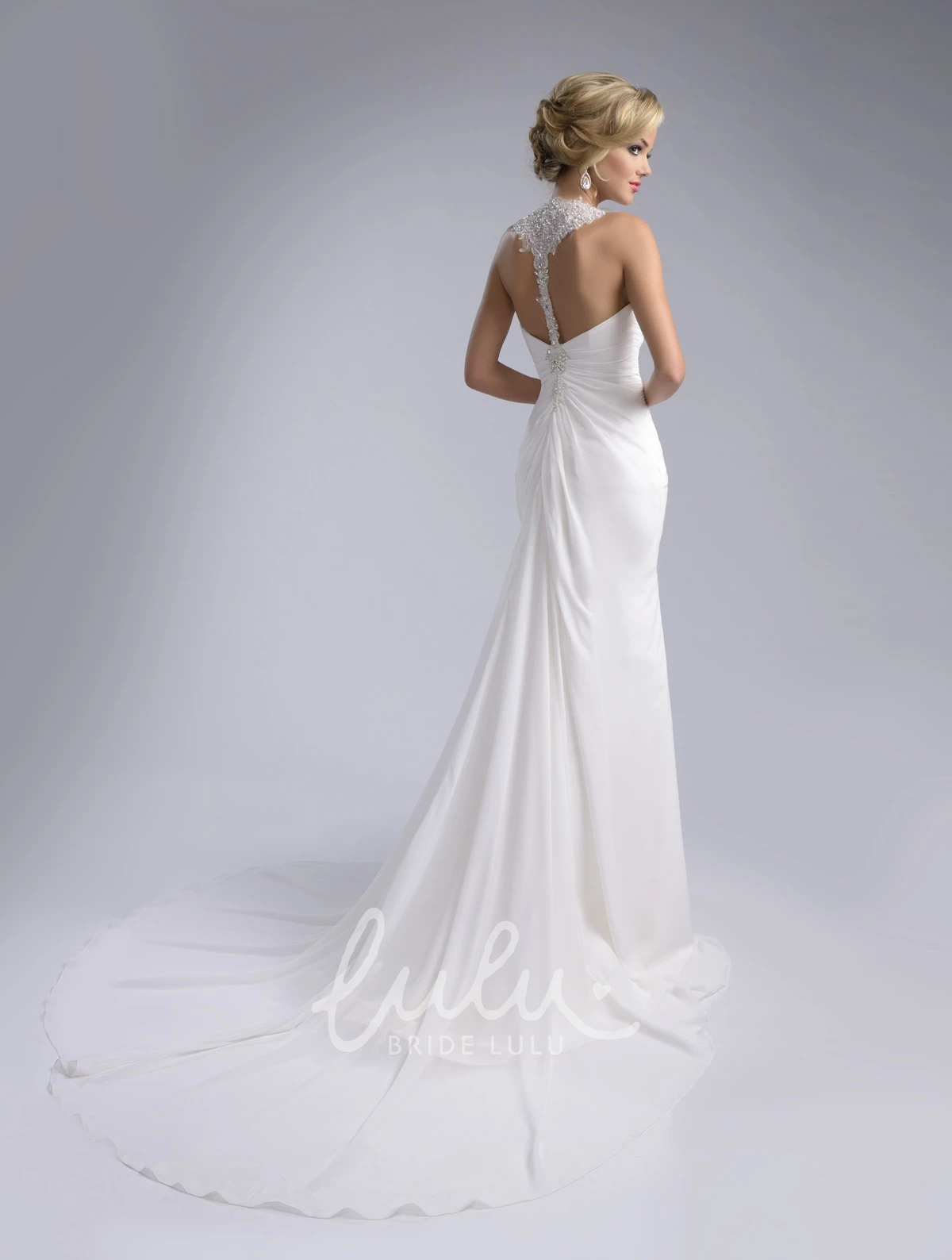 Ruched Sheath Chiffon Wedding Dress with Halter Flowy Bridal Gown