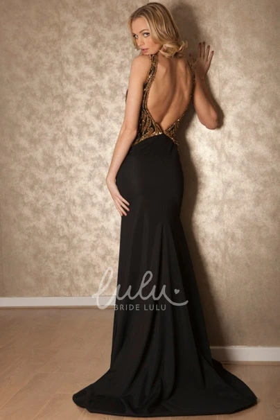 Scoop Neck Beaded Chiffon Prom Dress with Keyhole Flowy Floor-Length Dress