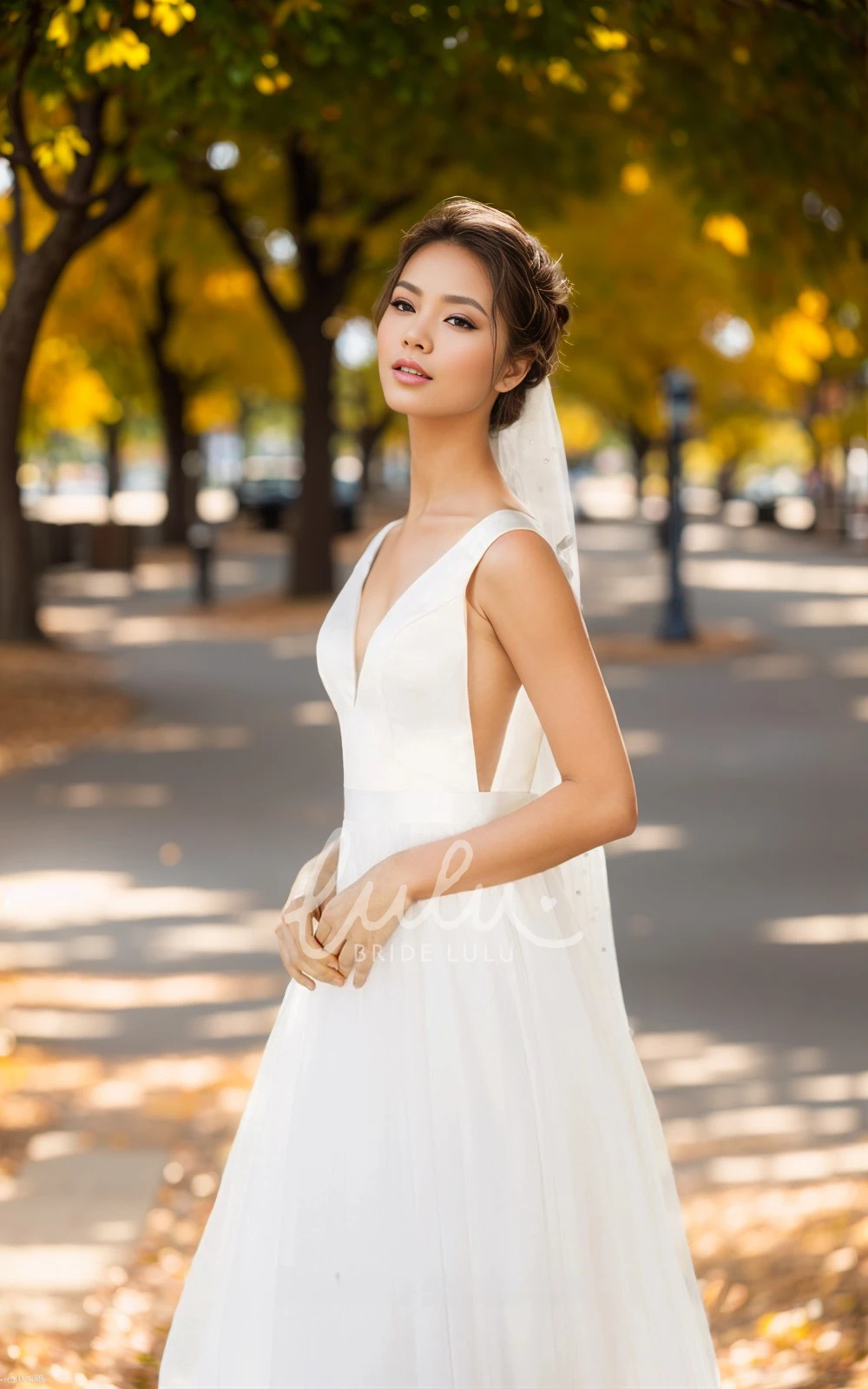 A-Line Straps V-neck Simple Wedding Dress Elegant Sleeveless with Bow Gown