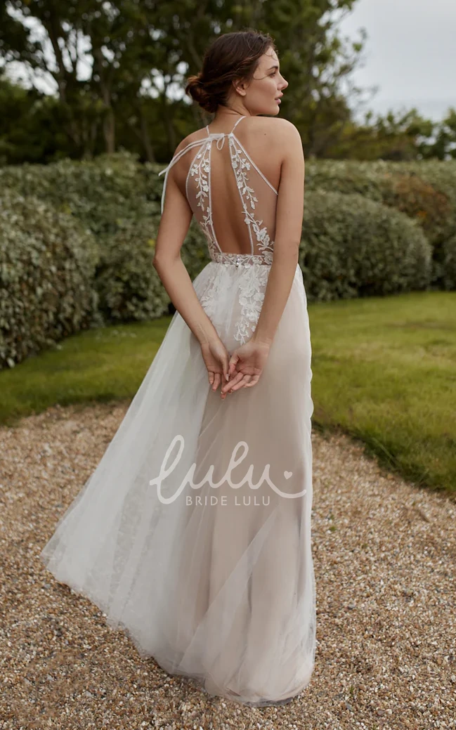 Modest Country Tulle Bottom Wedding Dress with Petals Tied Back Appliques