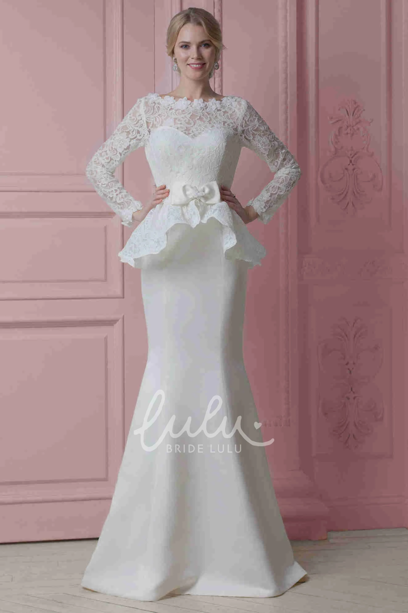 Bateau Satin Wedding Dress with Lace Peplum Long V Back Chapel Train