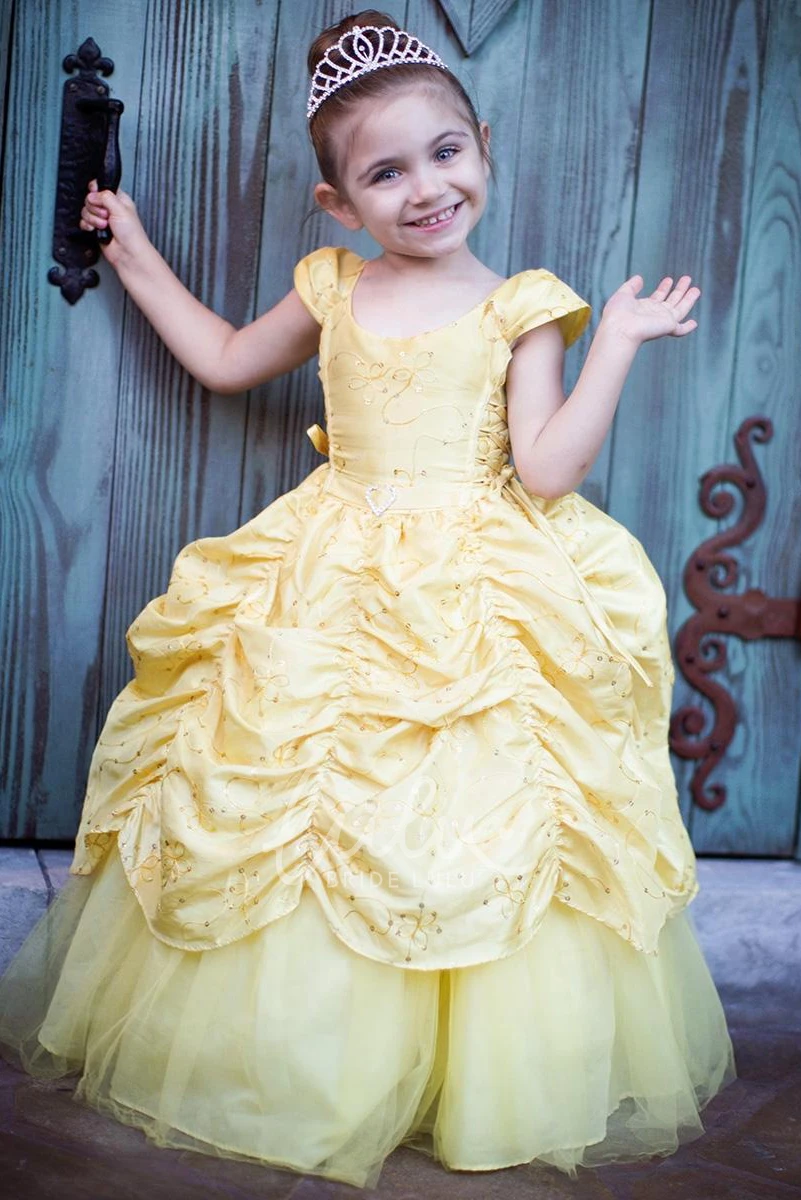 Ankle-Length Embroidered Lace and Taffeta Flower Girl Dress with Brooch