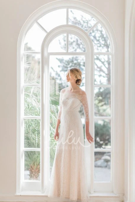 Off-Shoulder Lace Sheath Wedding Dress with 3/4 Sleeves