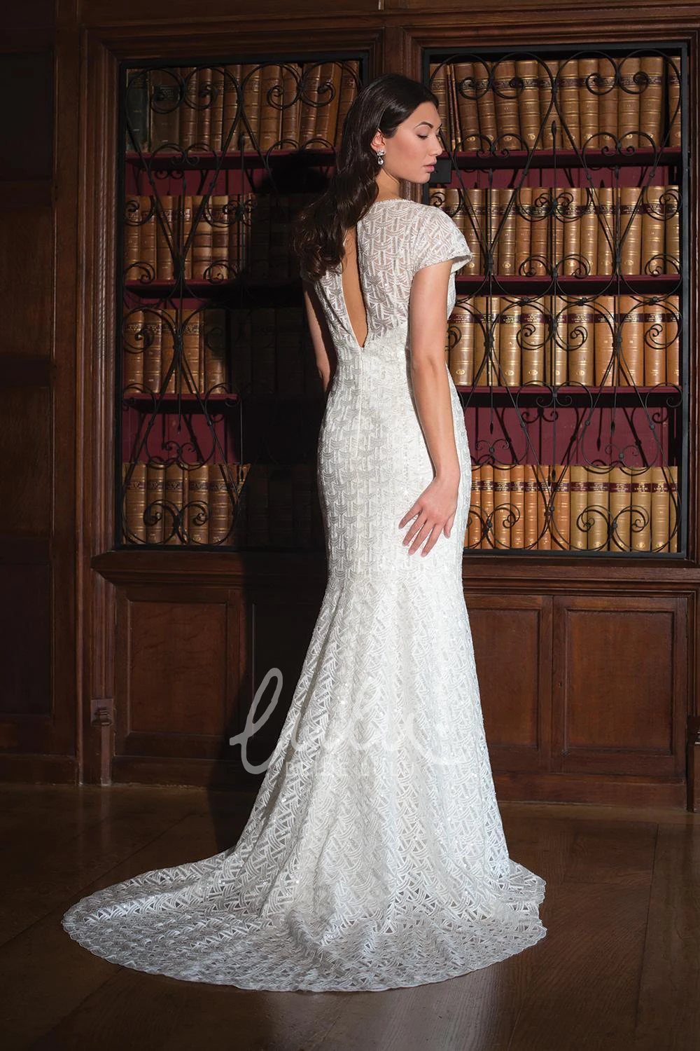 Lace Sheath Wedding Dress with T-Shirt Sleeves V-Neckline Beading and Keyhole