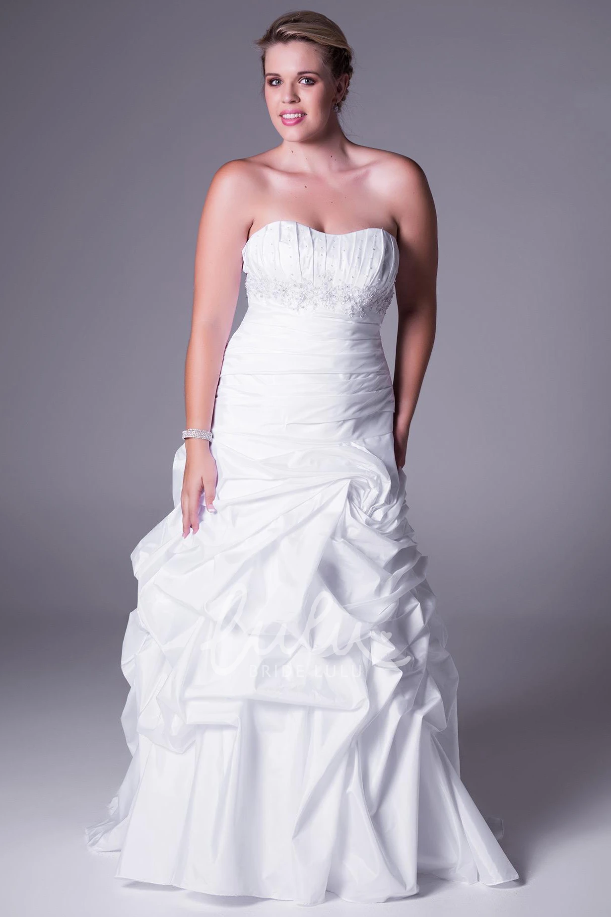 Satin Plus Size Wedding Dress Strapless with Appliques and Ruffles Sweep Train