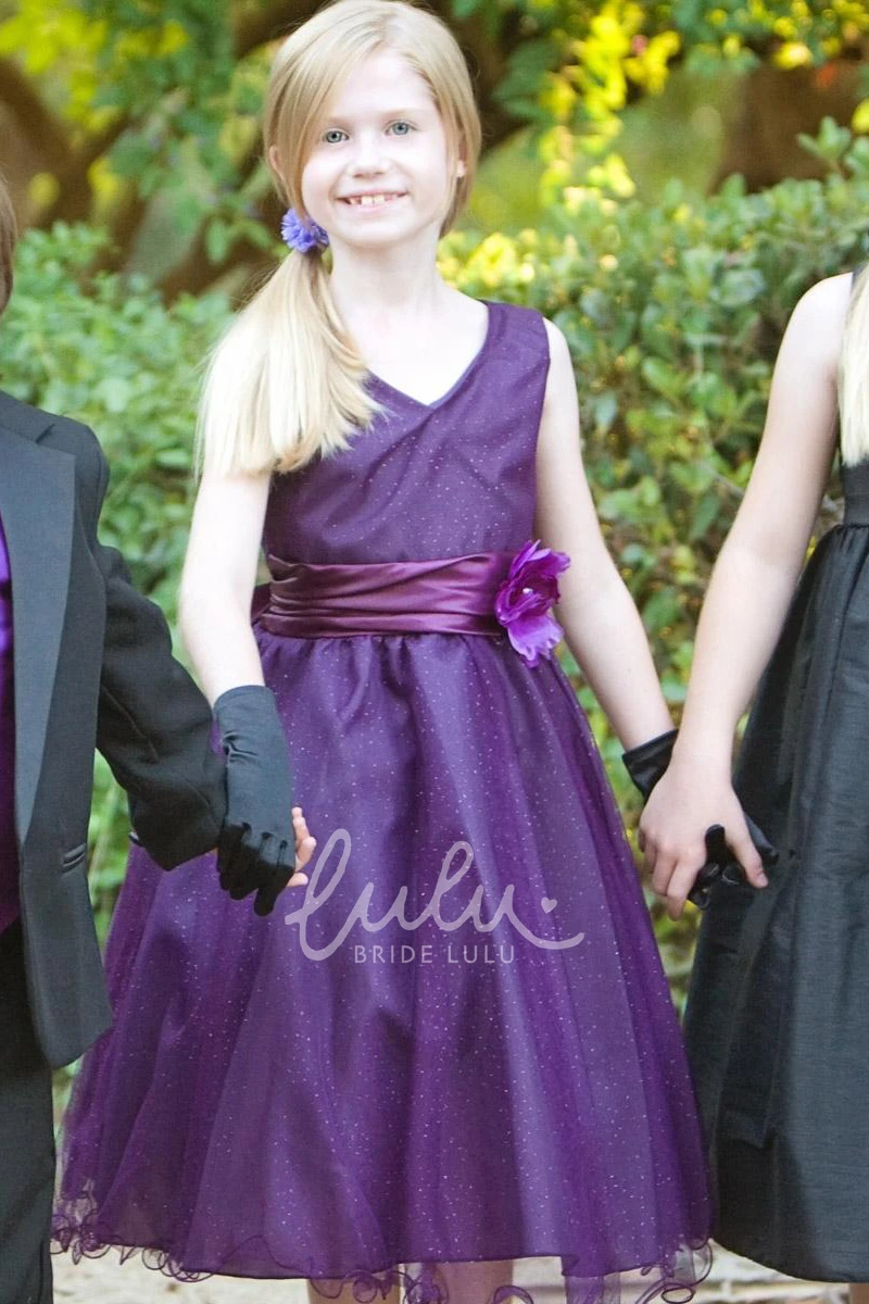 V-Neck Charmeuse Midi Flower Girl Dress with Tiered Skirt