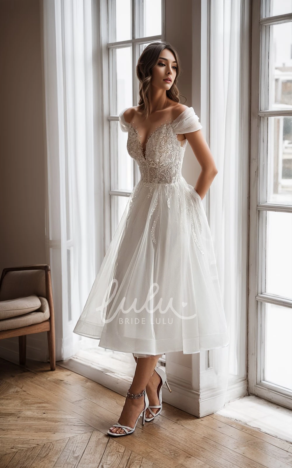 A-Line Tea Length Vintage Boho Bridal Gown with Long Sleeve Garden Wedding Dress