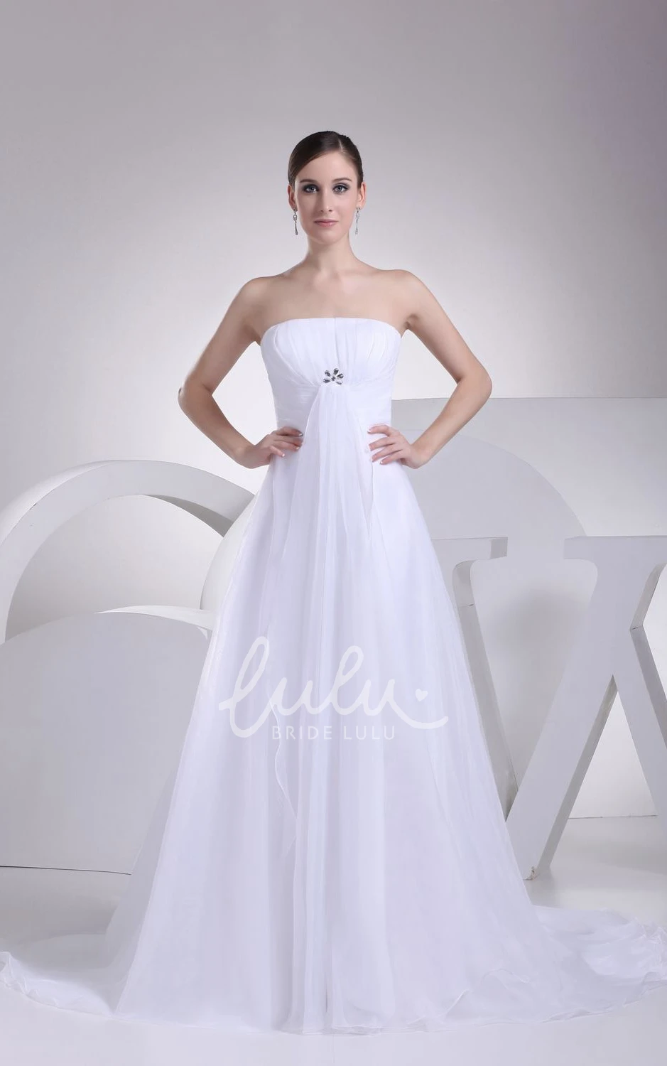 Chiffon A-Line Wedding Dress With Ruching Broach and Strapless Neckline