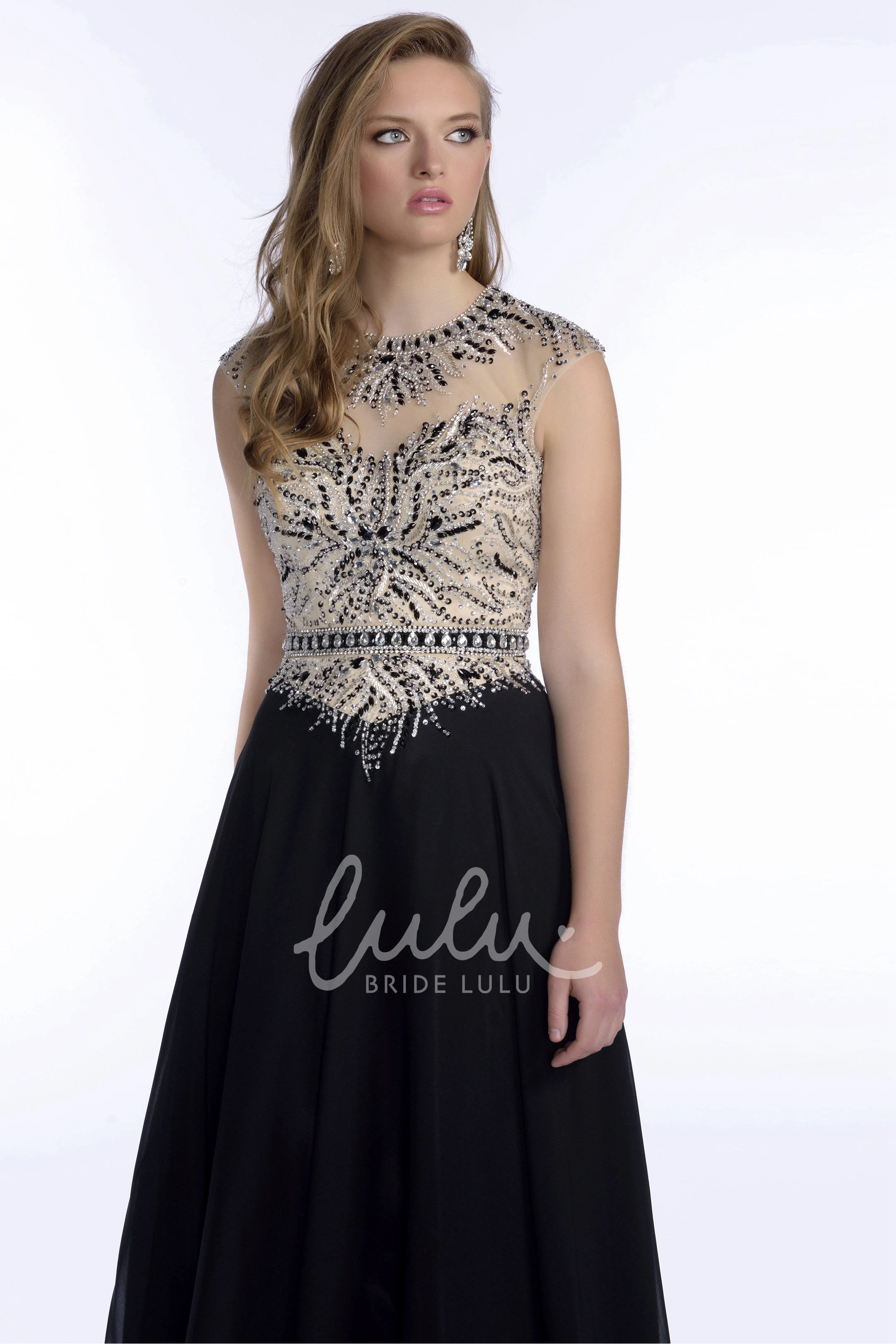 Beaded Bodice A-Line Chiffon Prom Dress with Keyhole Back and Pleats