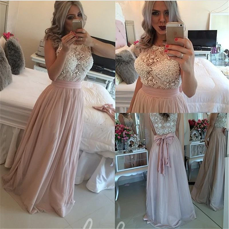 Pearls Chiffon Evening Dress Sleeveless Glamorous Formal Dress