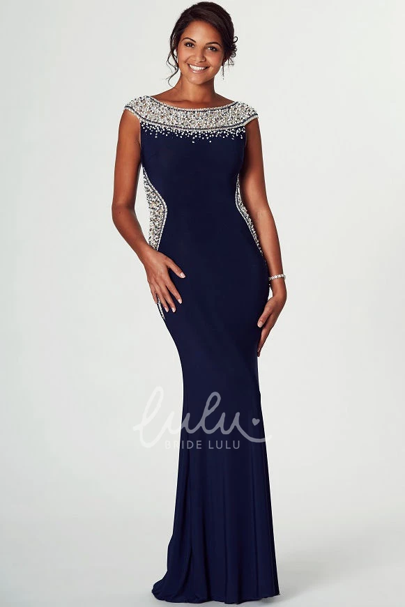 Cap-Sleeve Beaded Bateau Midi Jersey Prom Dress with Brush Train Unique Prom Dress for Women