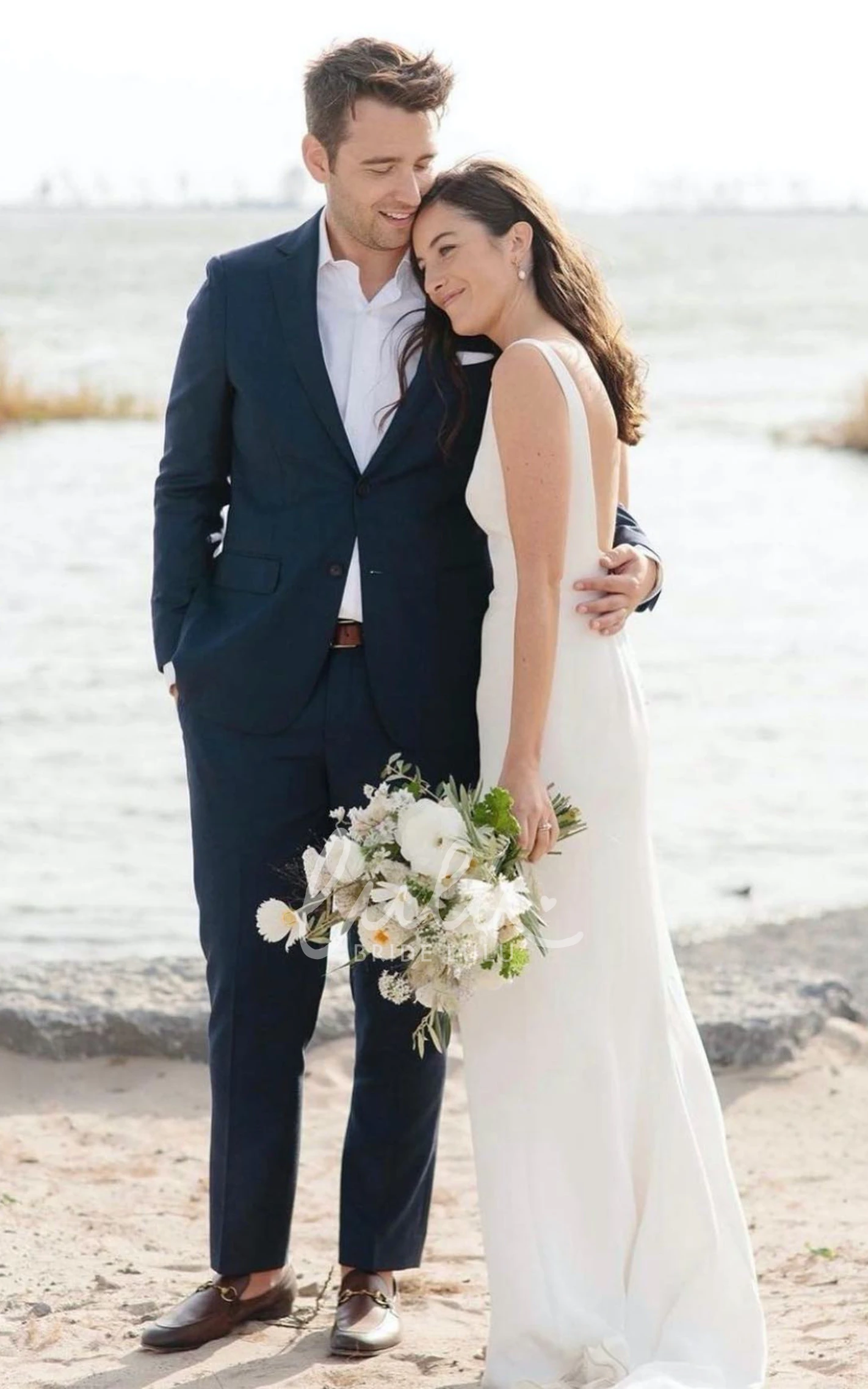 Simple Minimalist Satin Sheath Sleeveless Backless Romantic Country Wedding Dress