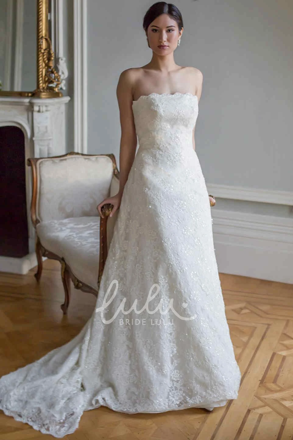 Strapless Sequined Lace Wedding Dress with Appliques and Court Train in A-Line Style