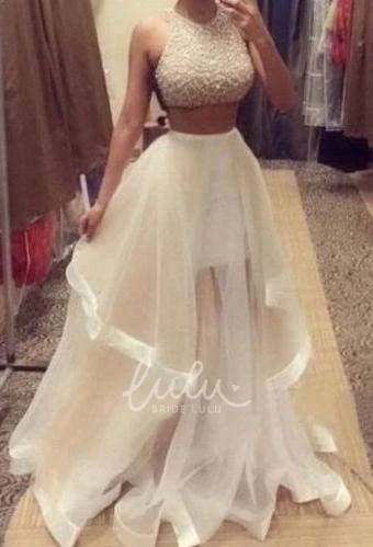 Two-Piece Halter Beaded Prom Dress with Ruffle and Sleeveless