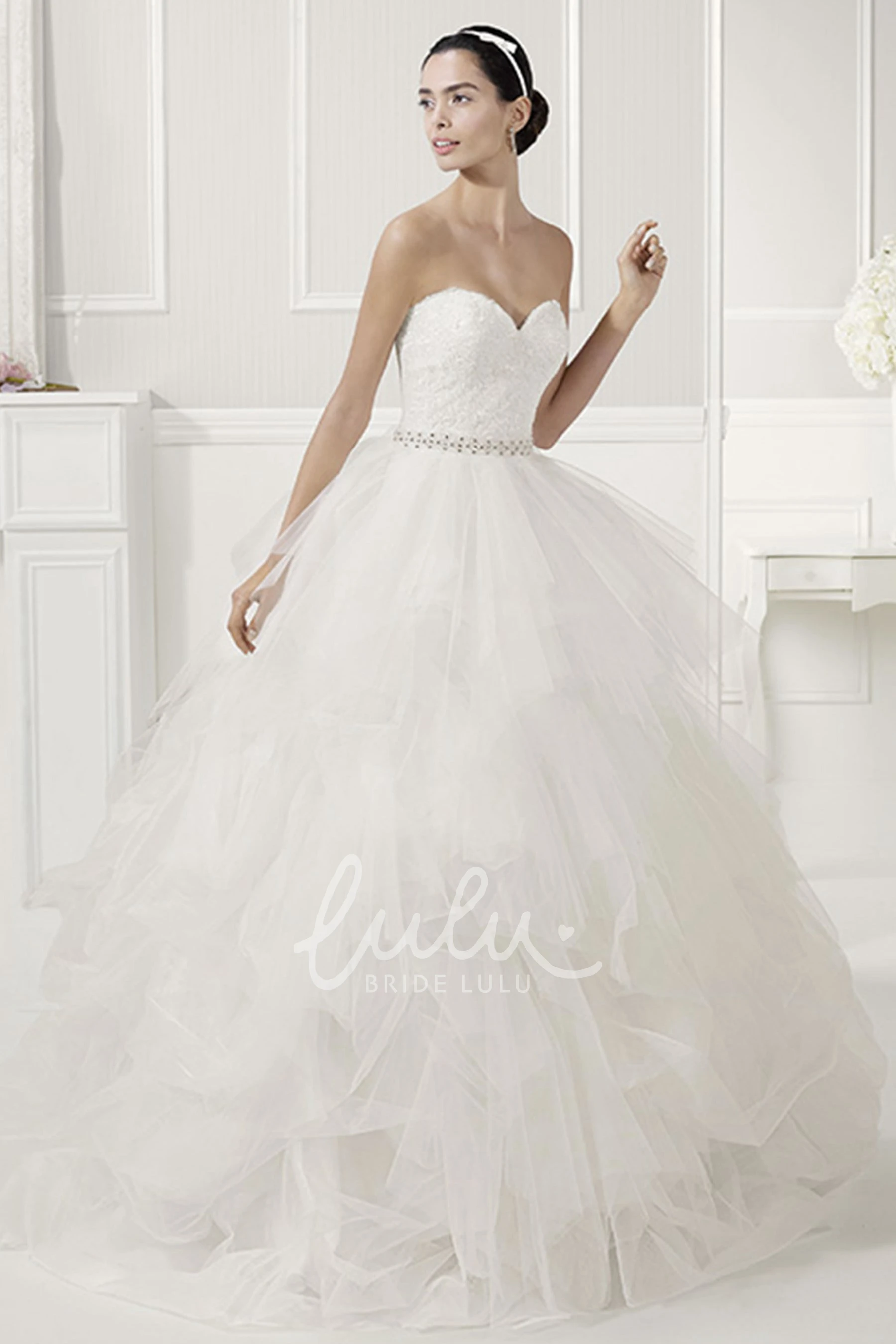 Jewel Neckline Bridal Ball Gown with Layered Organza Skirt and Crystal Embellishments