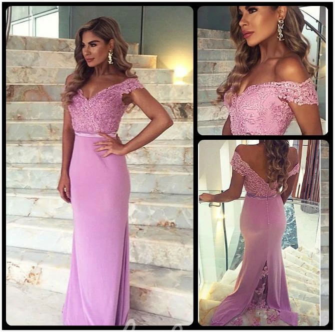 Lace Applique Mermaid Prom Dress Off-Shoulder Sweep Train Elegant Women's