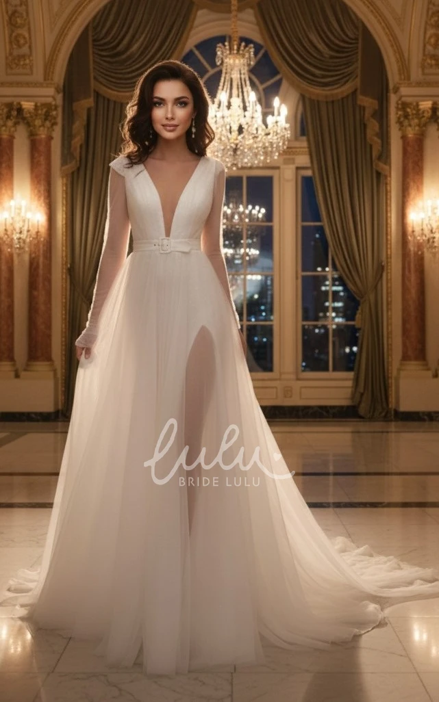 A Line Plunging V-Neck Summer Wedding Dress Long Sleeve Tulle Train Gown with Slit & Sash