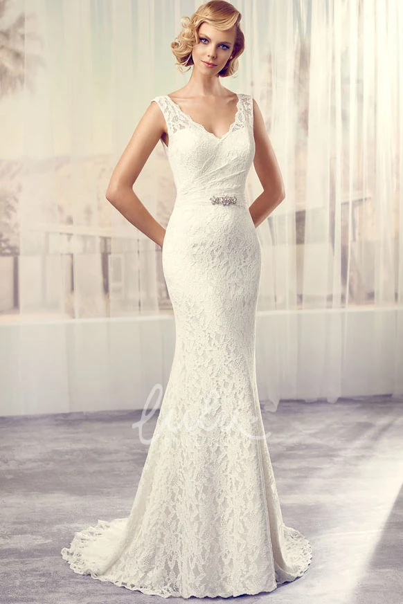 V-Neck Jeweled Lace Wedding Dress with Brush Train Floor-Length Style