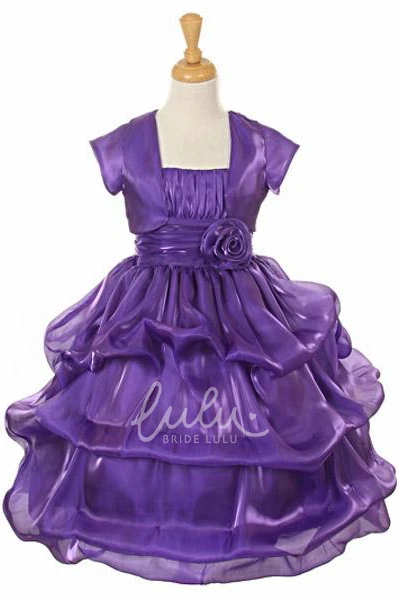 Tea-Length Flower Girl Dress with Bolero Ruched Organza and Satin and Pick Up Skirt