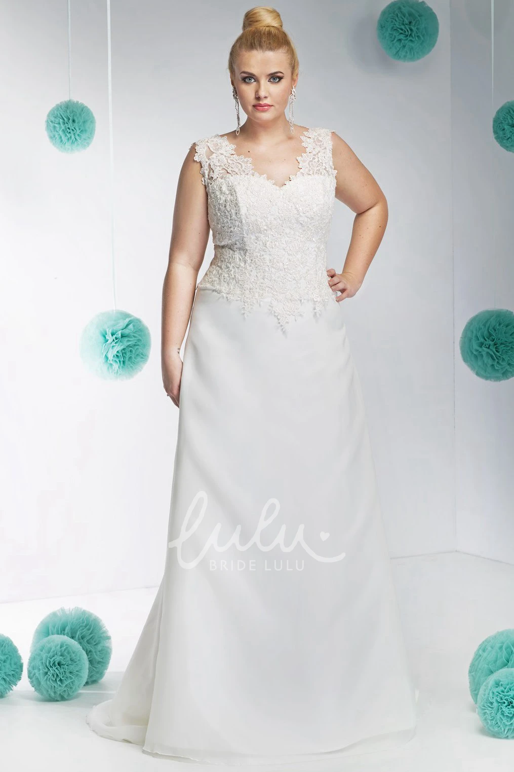 Plus Size Lace and Satin Wedding Dress with Appliques V-Neckline