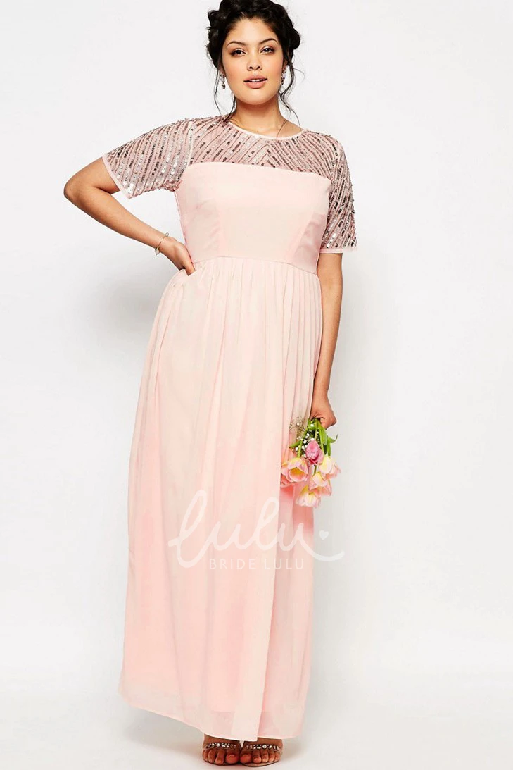Sheath Ankle-Length Chiffon Bridesmaid Dress with Short Sleeves and Pleats
