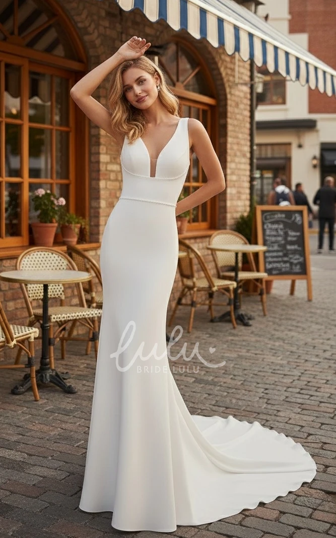 Minimalist Wedding Dress Mermaid Sleeveless V Neck Low Back Court Train Bridal Gown
