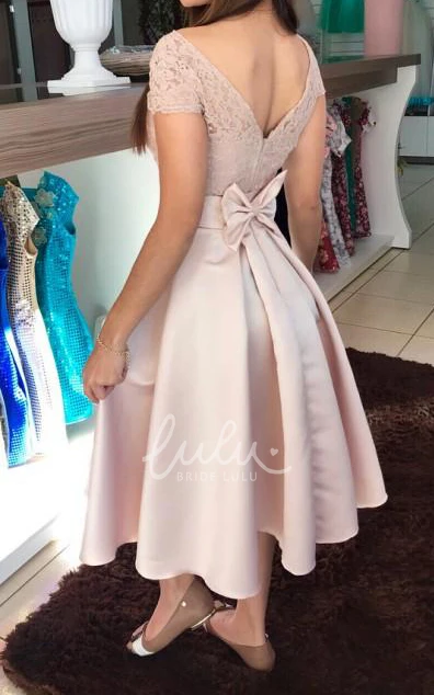 Satin Lace V-neck Short Sleeve A-line Formal Dress with Bows and Sash