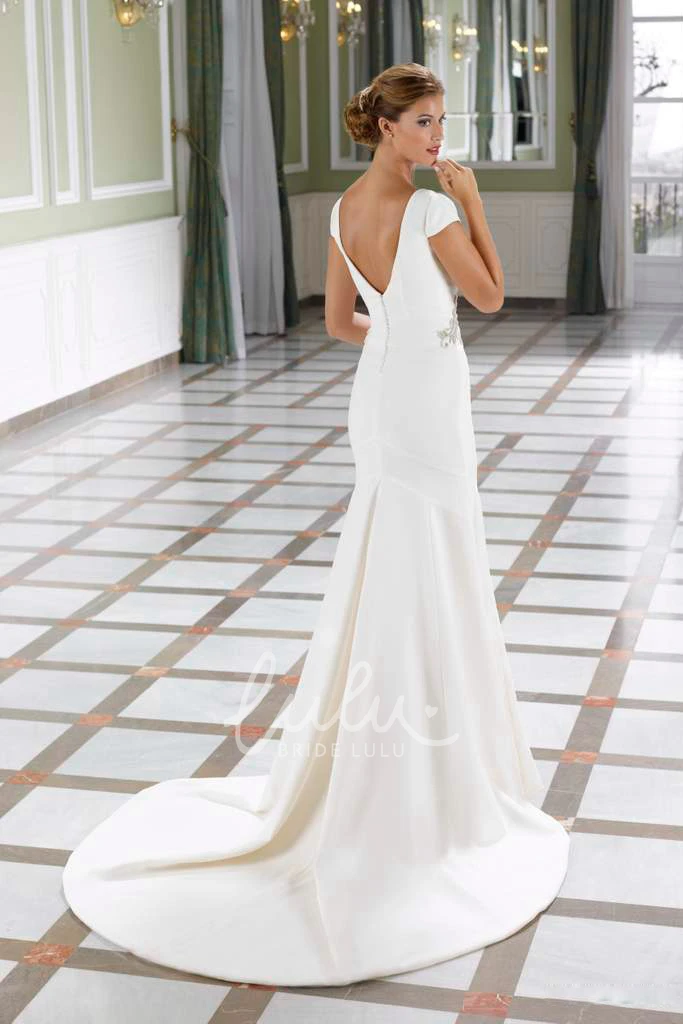 Short-Sleeve Square-Neck Satin Wedding Dress in Sheath Style