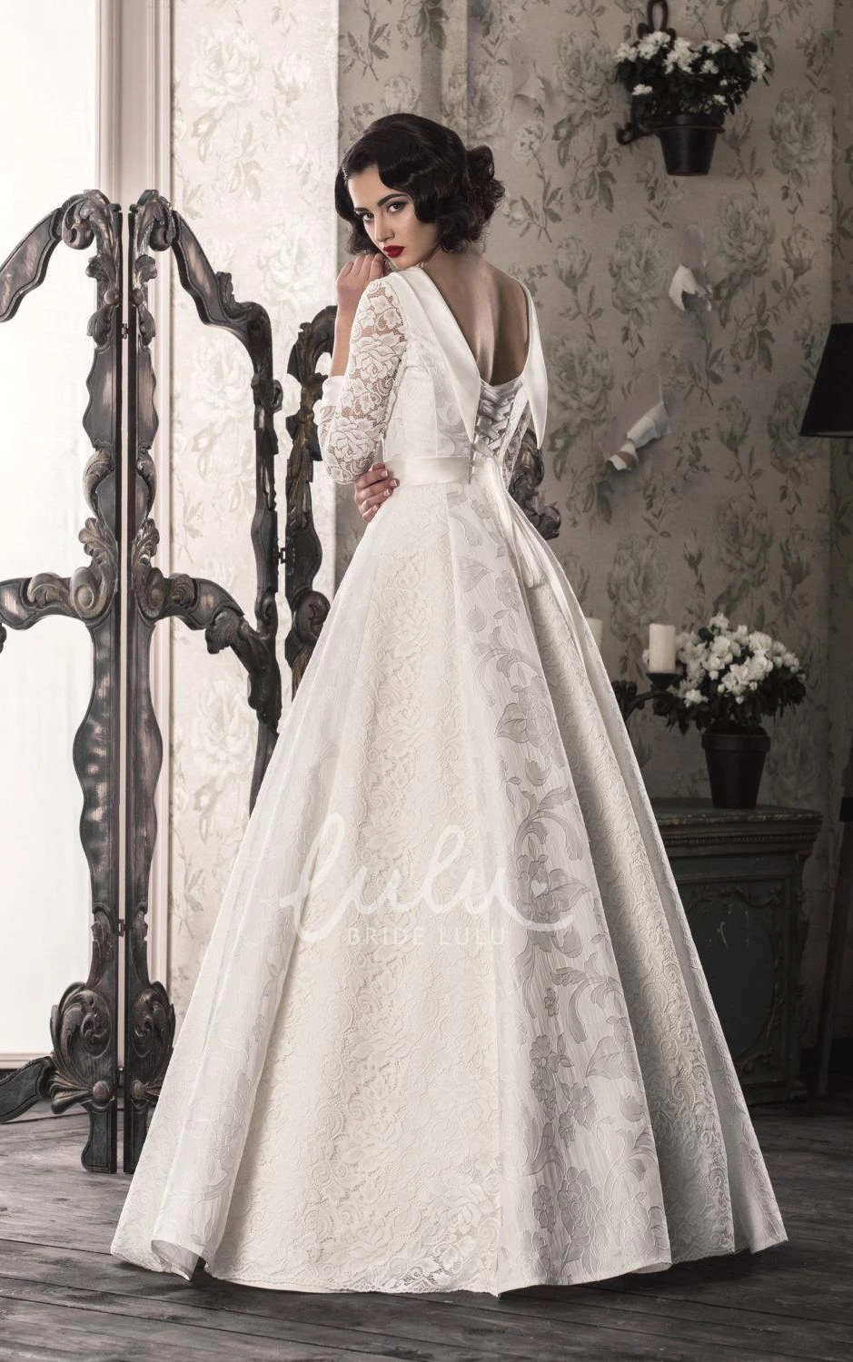 Lace A-Line Warm Wedding Dress with Satin and Lace-Up Back