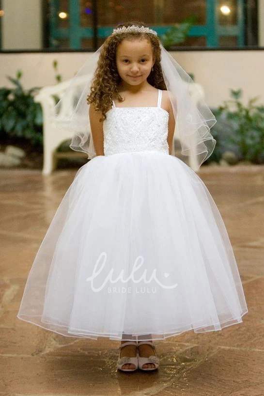 Criss-Cross Spaghetti Ankle-Length Tulle&Lace Flower Girl Dress with Straps Flowy Wedding Dress