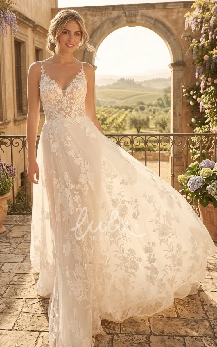 Flowy A-Line Modest Lace Spring Wedding Dress with Sexy Straps Open Back Sweep Train