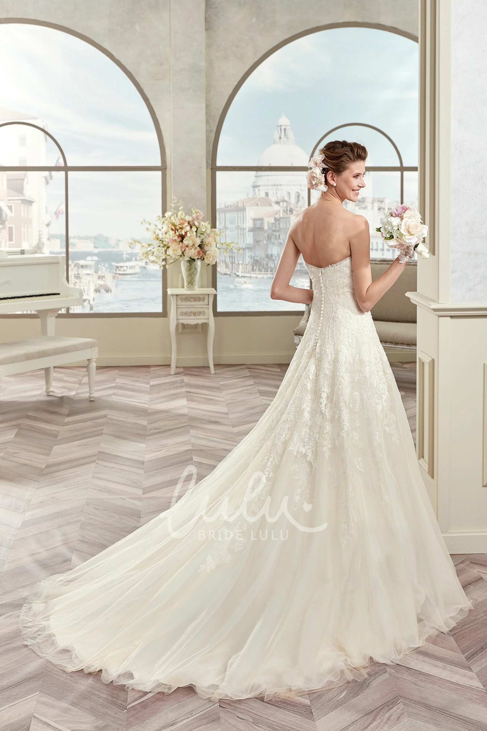 Classic Lace Long Wedding Dress with Brush Train Strapless Appliques Unique