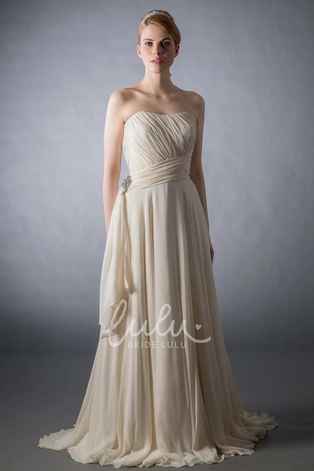 Chiffon Wedding Dress Floor-Length Strapless Ruched Broach Brush Train