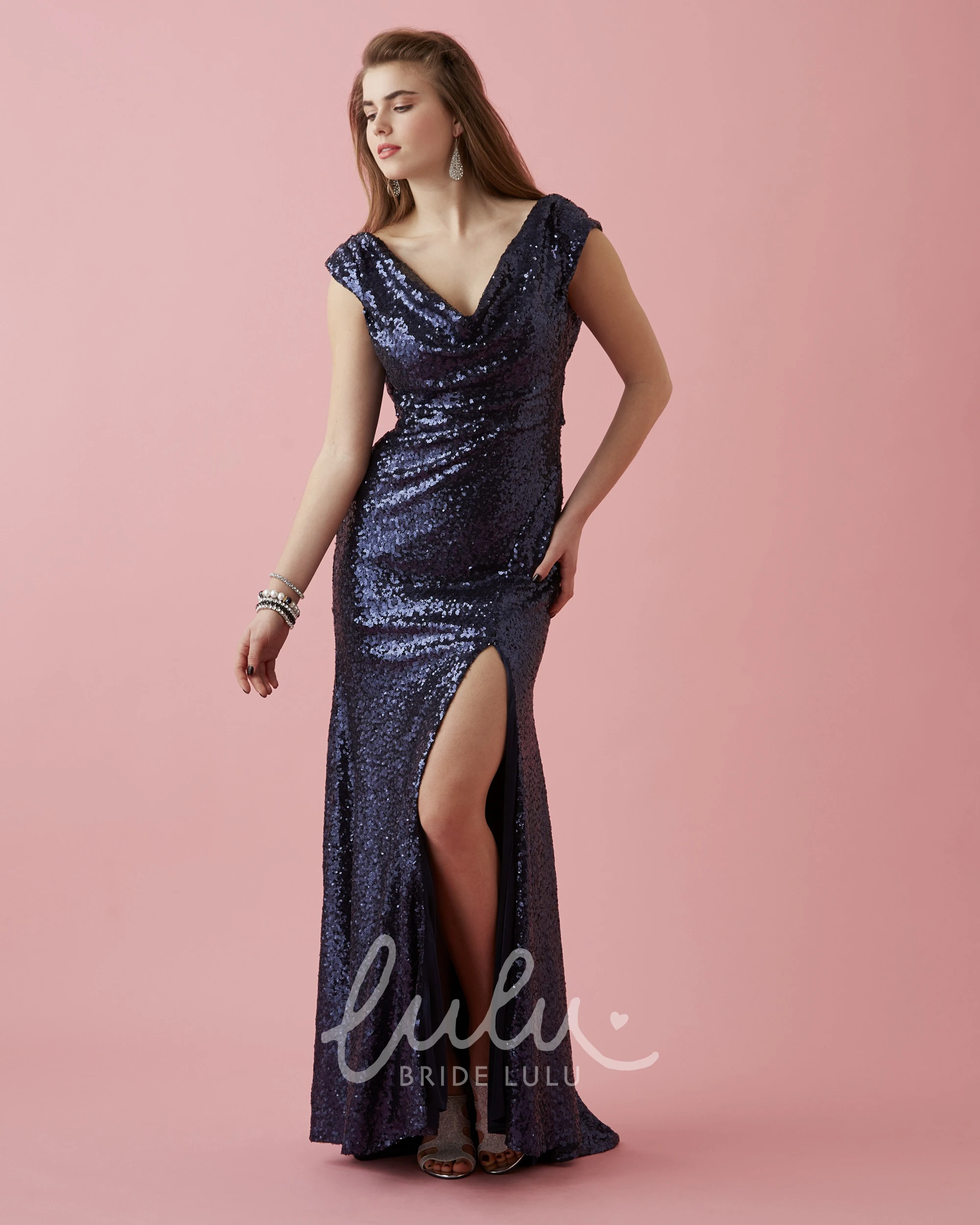 Sequin Sheath Long V-Neck Cap-Sleeve Prom Dress with Split Front