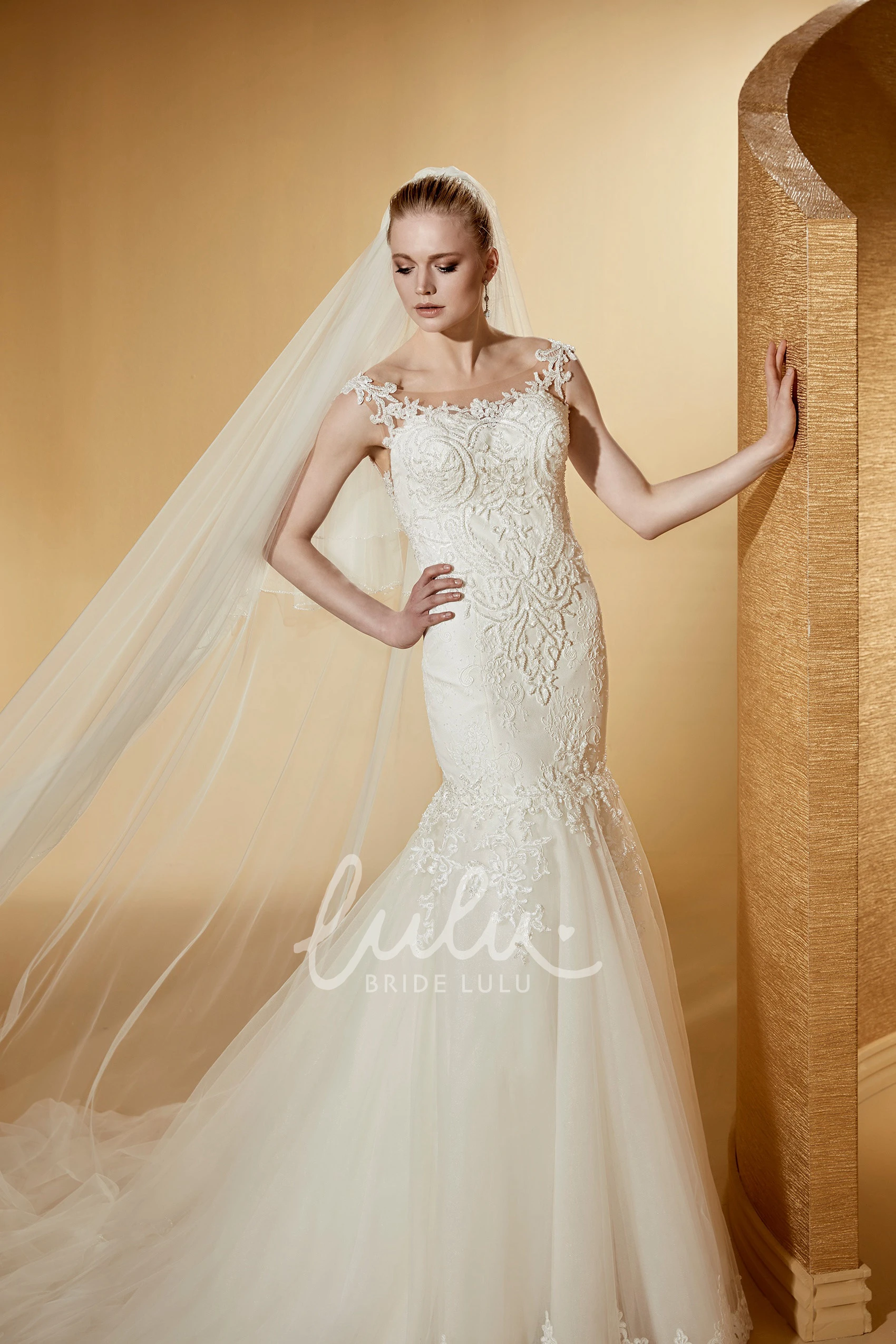Mermaid Lace Wedding Dress with Scooped Neck and Brush Train Elegant and Beautiful