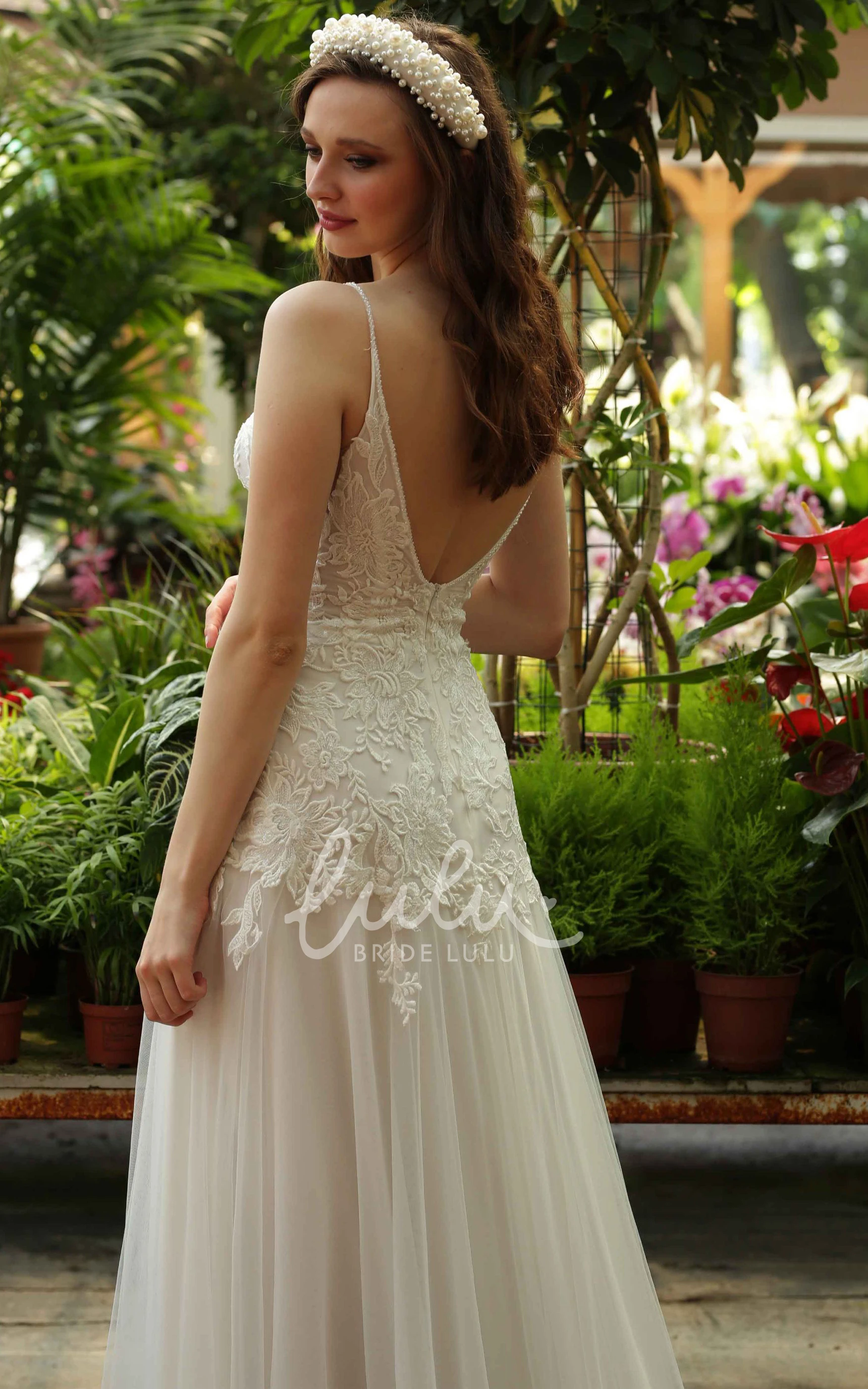 Bohemian Lace Spaghetti A-Line Brush Train Wedding Dress with Appliques Flowy & Unique
