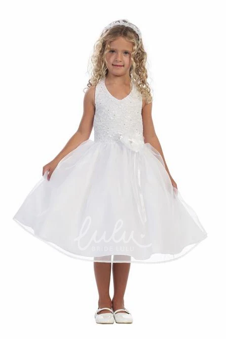 Beaded Organza Floral Tea-Length Flower Girl Dress