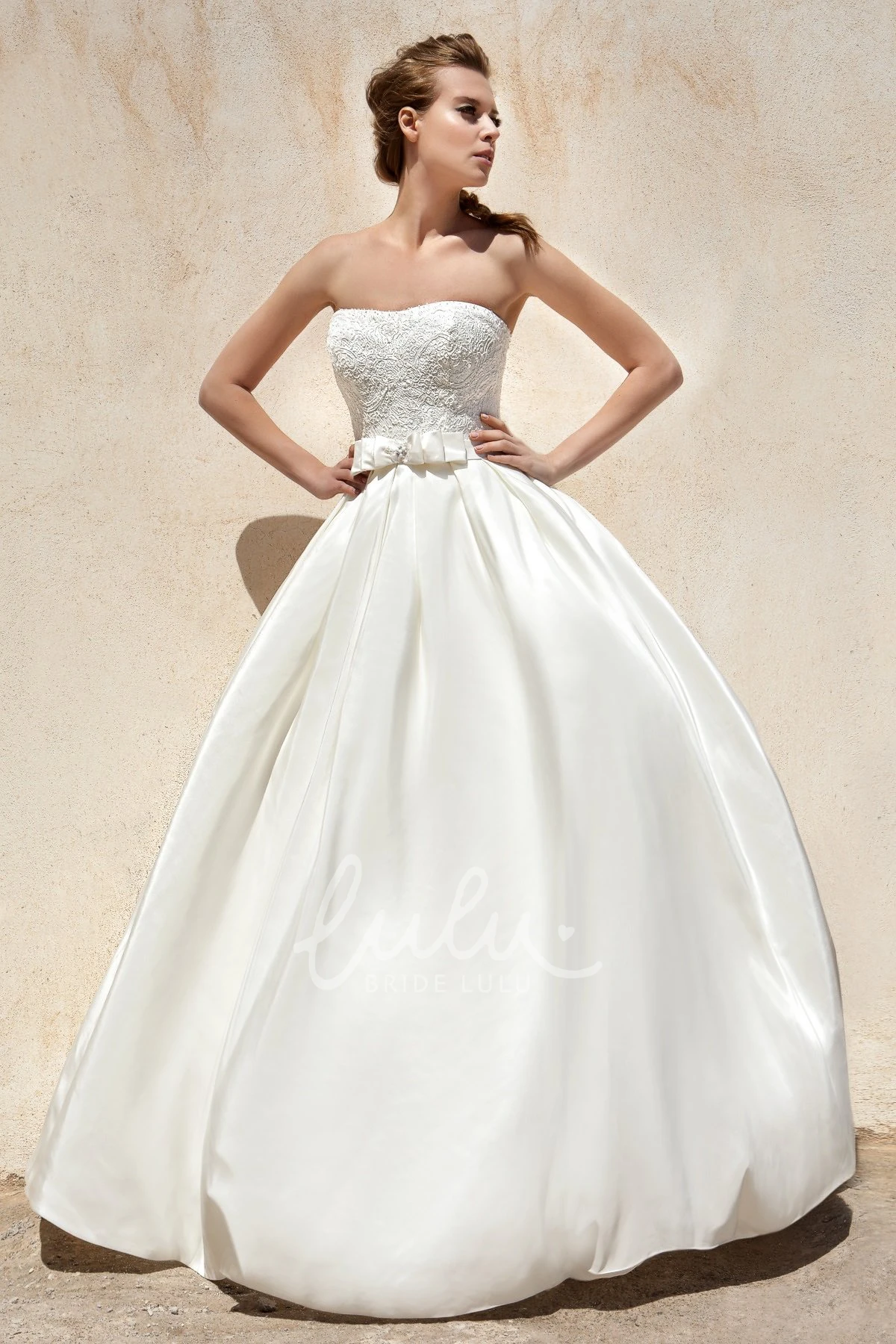 Strapless Satin Ball Gown Wedding Dress with Bowed Sleeves Elegant Bridal Gown