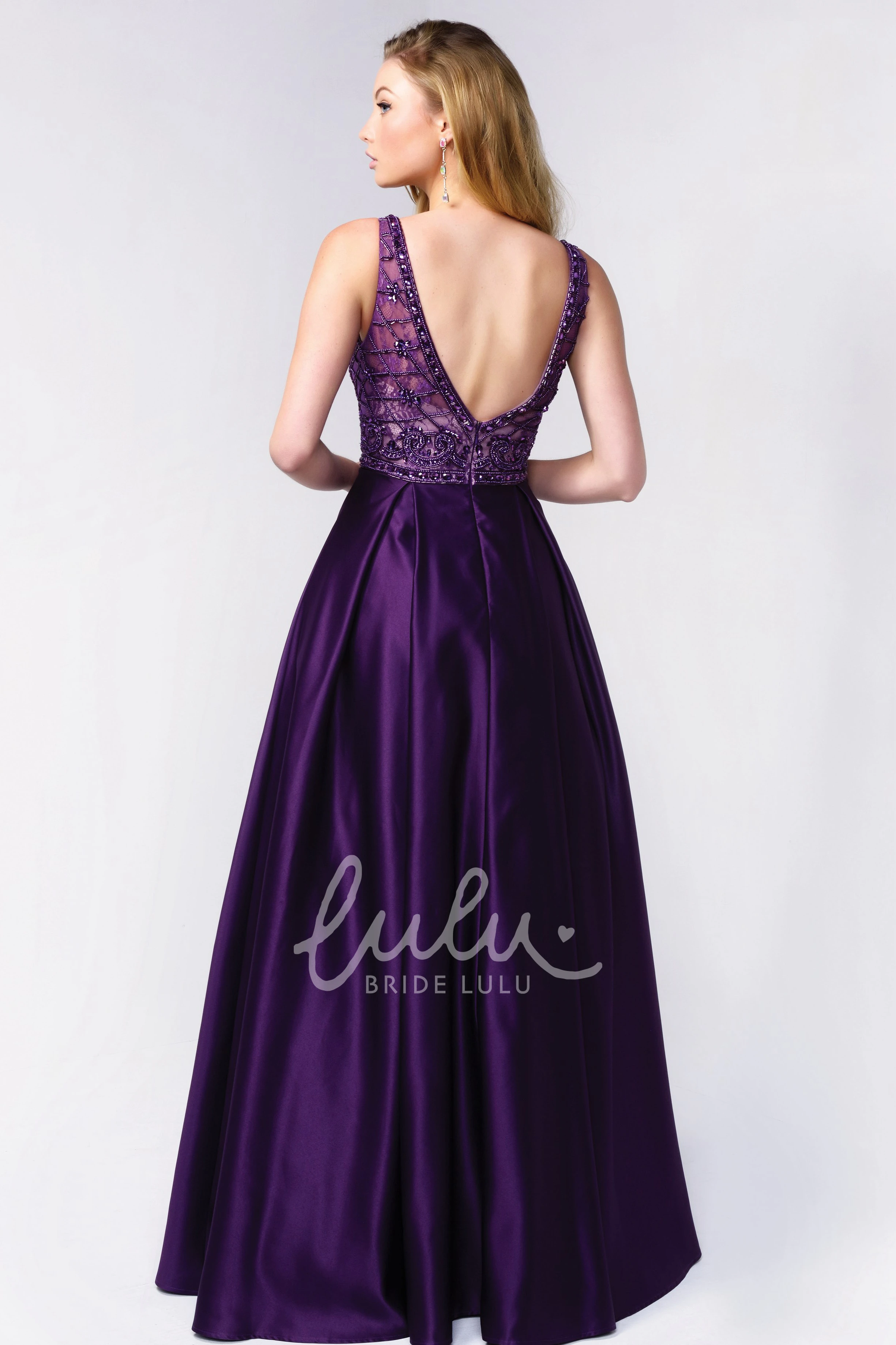 A-Line Satin Bateau Long Dress with Low-V Back and Lace for Prom