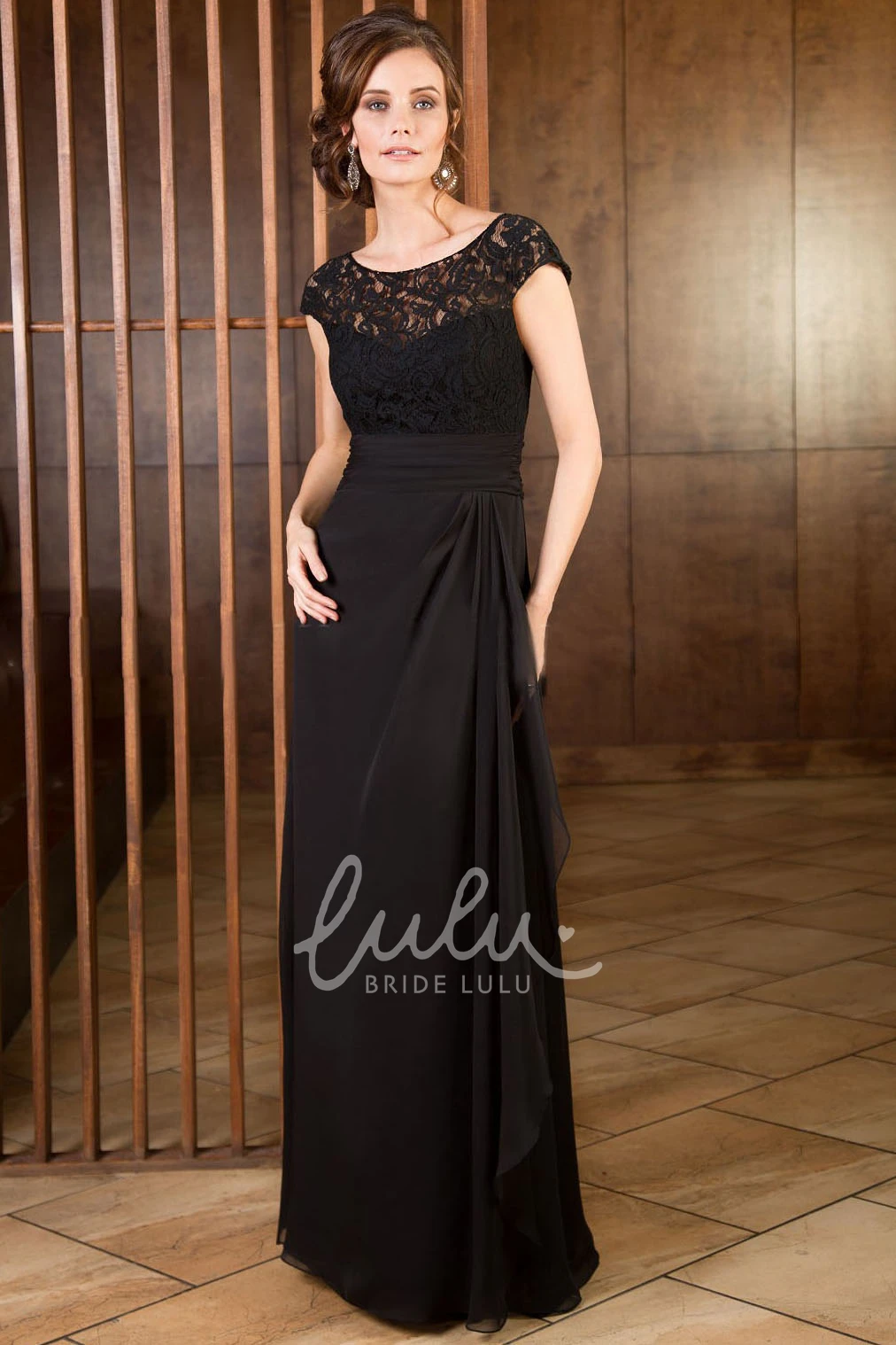Lace Bodice Cap-Sleeved Mother Of The Bride Dress Long Ruffled Gown