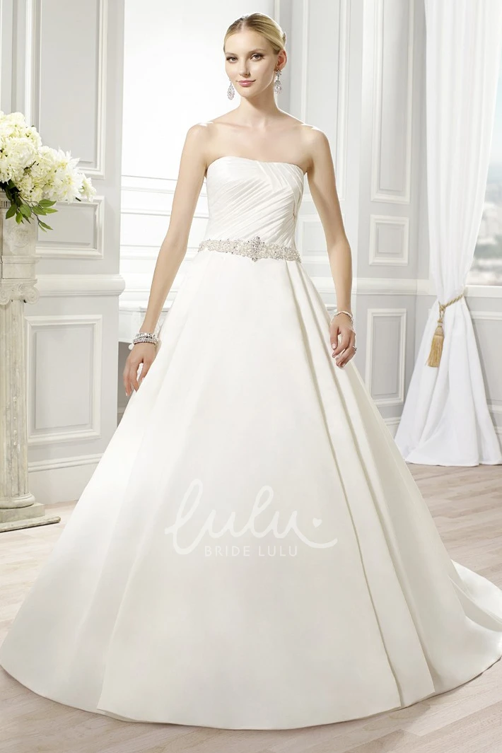 Ball-Gown Strapless Satin Wedding Dress with Ruched Waist Jewelry and Backless Style Elegant Wedding Dress