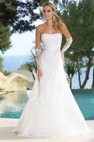 Strapless A-Line Lace Wedding Dress with Draping and Broach